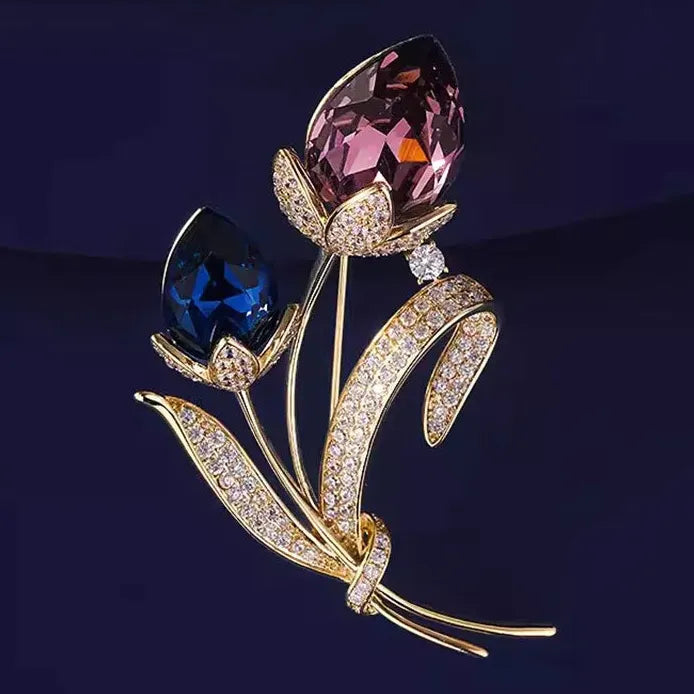 Ladies Retro Twin Flower Crystal Brooch Vintage Pin Accessory for Women