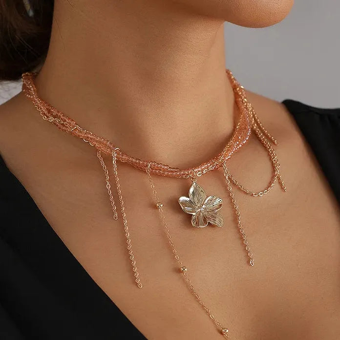Pink Resin Flower Pendant Necklace Tassel Choker for Women