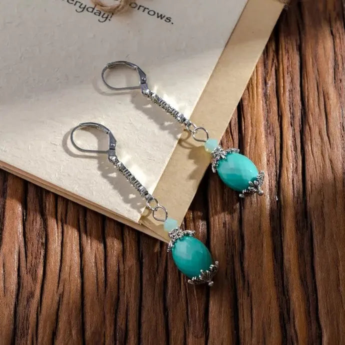 Vintage Geometric Blue Gemstone Drop Earrings Silver Zinc Alloy Leaves Jewelry Women