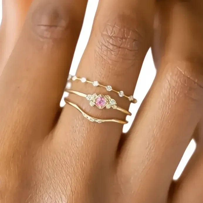 Pink Cubic Zirconia Brass Engagement Wedding Ring Set Elegant 3-Piece