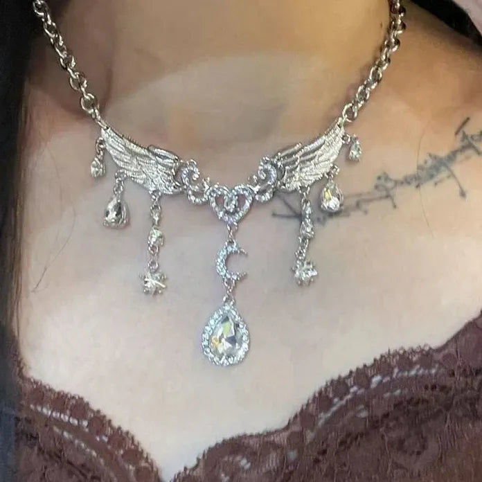 Silver Crystal Wing Moon Pendant Necklace for Women Zinc Alloy Jewelry