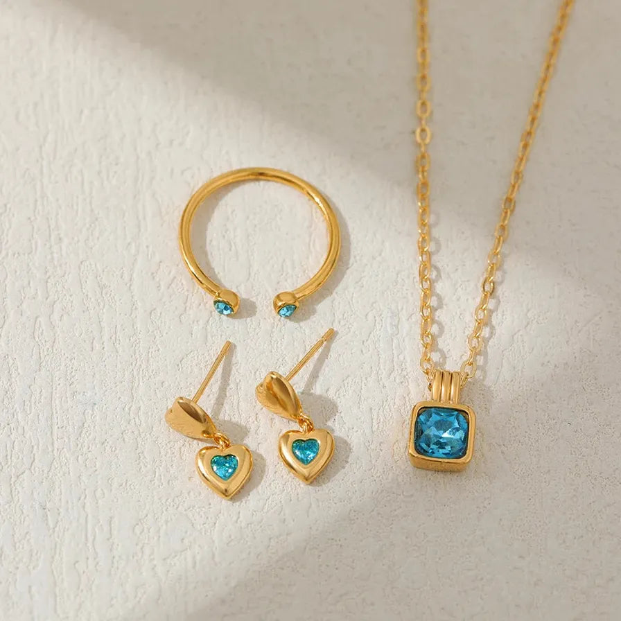 18K Gold Plated Blue Crystal Double Heart Earrings Necklace Ring Set Gift