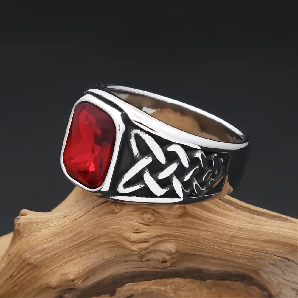 316L Stainless Steel Punk Vintage Red Stone Square Signet Ring Viking Nordic Unisex