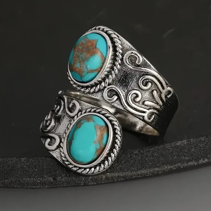 Adjustable Vintage Boho Cross Band Ring with Imitation Turquoise Stone