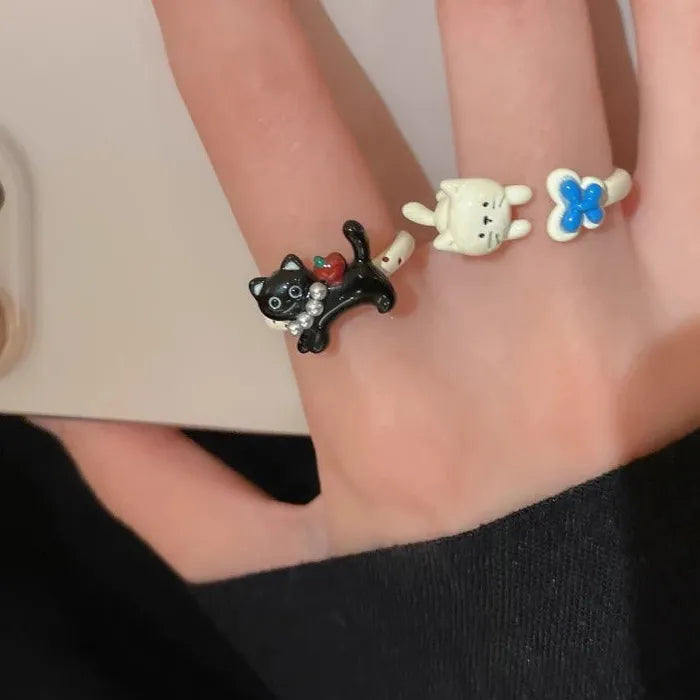 Adjustable Cat Ring for Women Featuring Pearl Inlay Butterfly Apple Gift