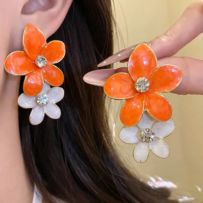 Vintage Double Layer Dripping Oil Flower Drop Earrings for Women Girls Stylish