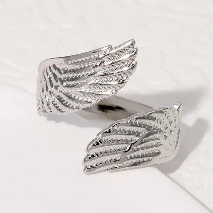 Stainless Steel Feather Ring Punk Gold Wide Edge Open Finger Jewelry Fashion
