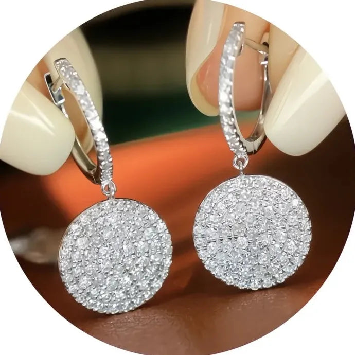 Round Disc CZ Dangle Earrings for Women Brass Geometric Fashion Jewelry