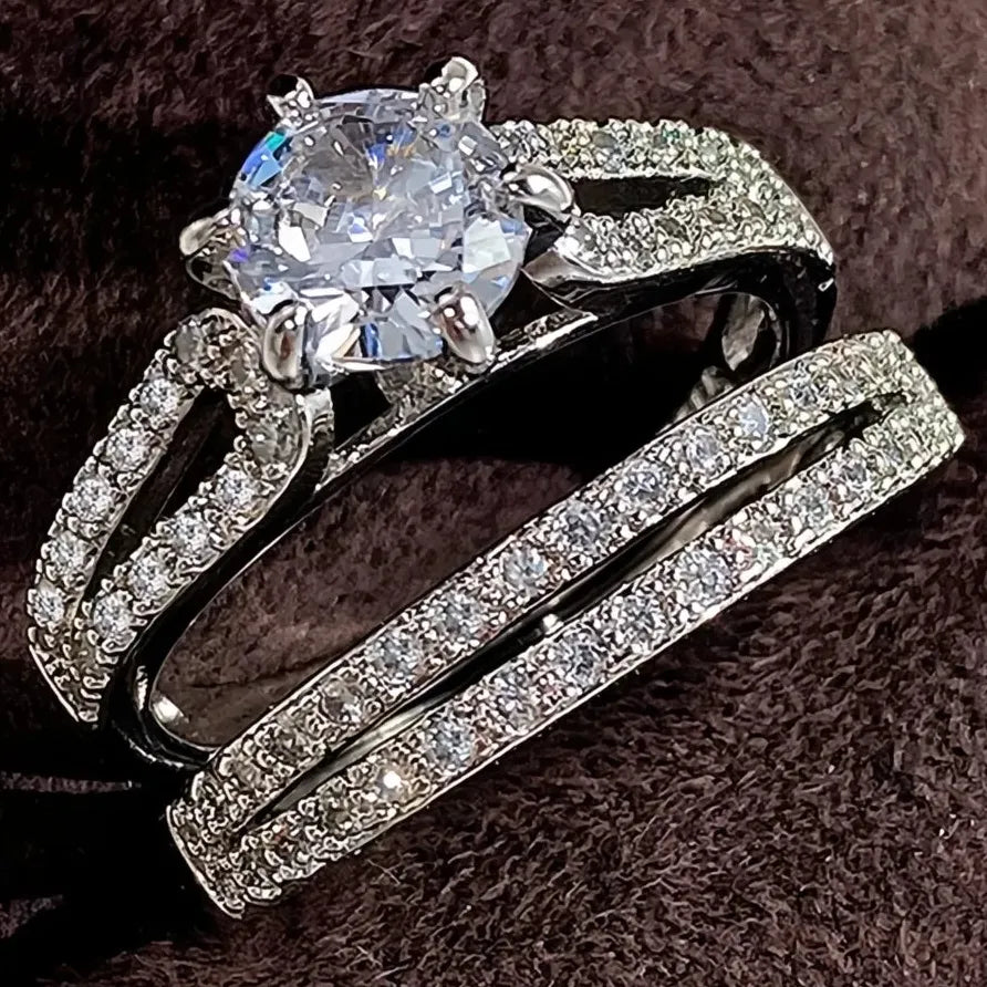 Luxury Wedding Rings for Women Iced Out AAA Cubic Zirconia Band Set