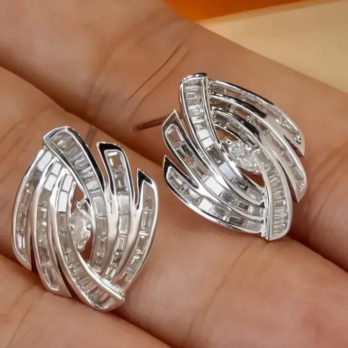 Geometric Square Cubic Zirconia Stud Earrings Silver Color Copper Alloy Jewelry