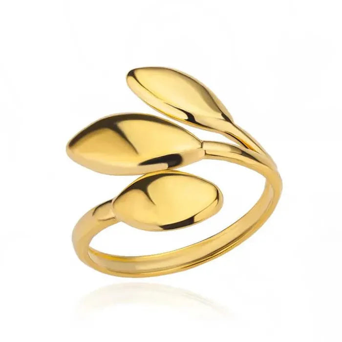Adjustable Gold Color Stainless Steel Leaf Ring for Women Nature Jewelry