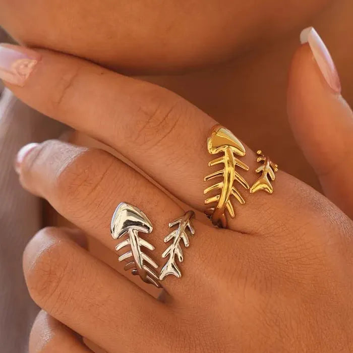 Adjustable Stainless Steel Fish Bone Open Ring for Women Gold Tone Jewelry Symbolic Gift