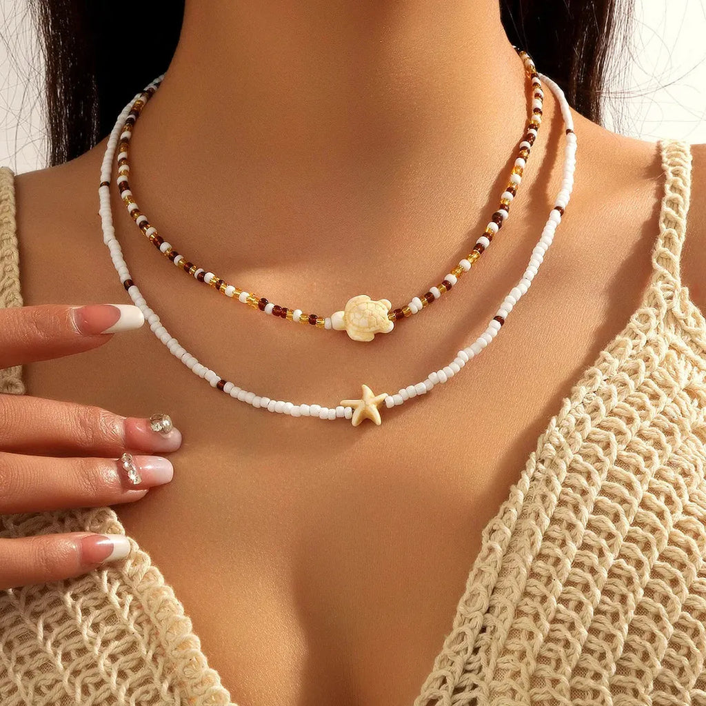 Boho Copper Star Pendant Necklace & Blue Beads Turtle Shell Choker