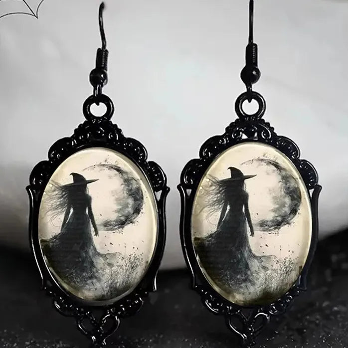 Asymmetric Black Dandelion Elf Fairy Gothic Oval Glass Zinc Alloy Earrings