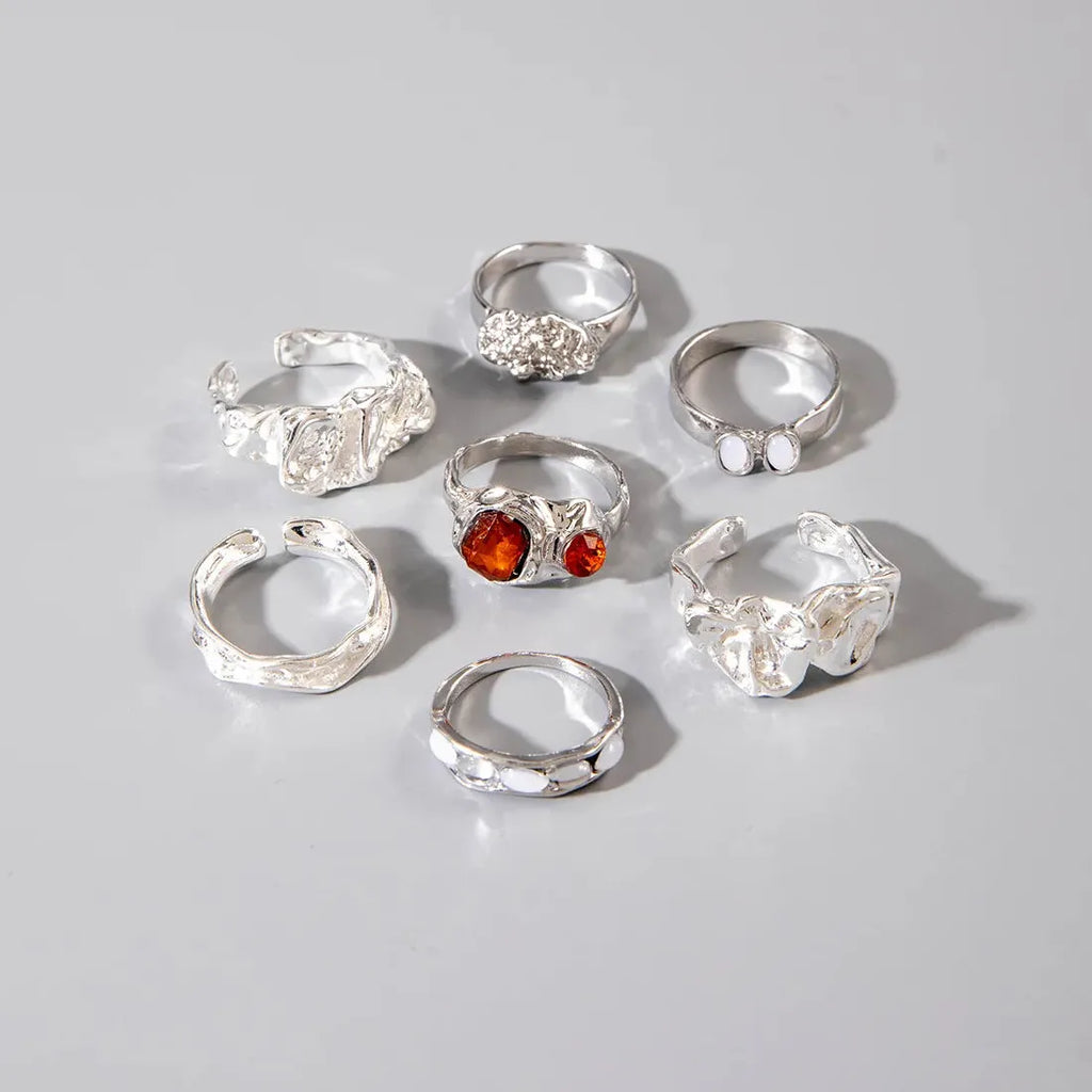 7Pcs Vintage Red Crystal Geometric Rings Set for Women Men Fashion Jewelry