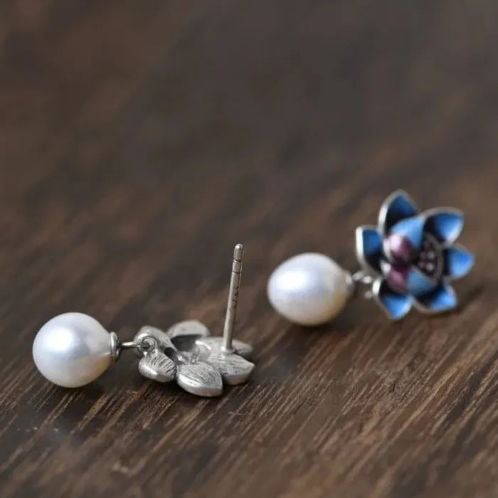 Blue Flower Pearl Stud Earrings for Women 2024 Vintage Zinc Alloy Jewelry