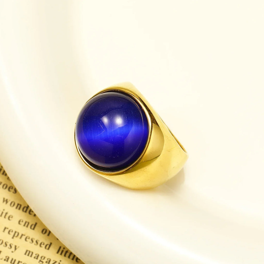 18K Gold Plated Stainless Steel Opal Ring Chunky Geometric Wedding Band Hypoallergenic