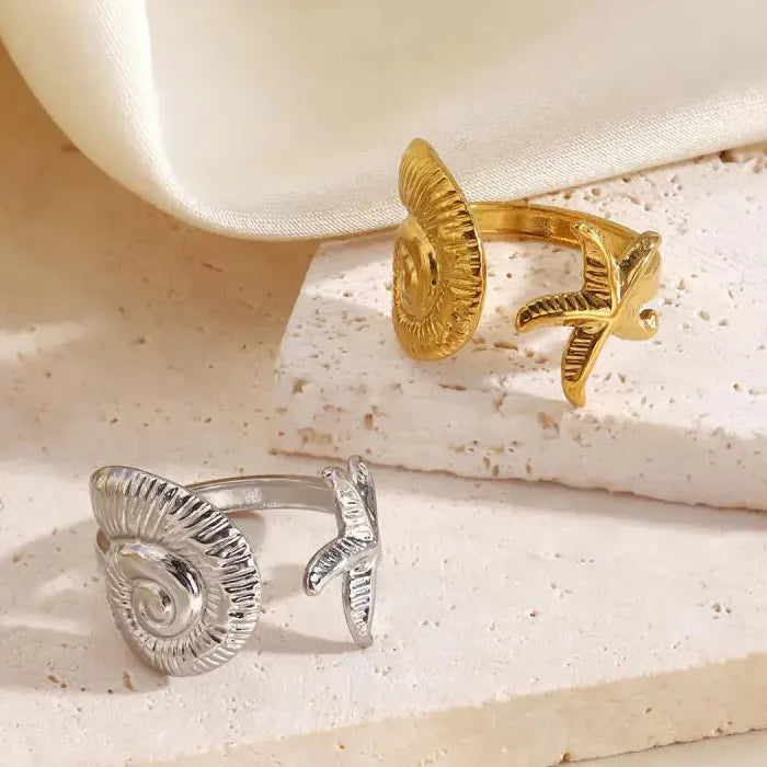 Boho Stainless Steel Sea Star Conch Open Ring Adjustable Men Women Beach Jewelry
