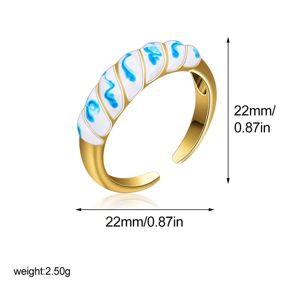 18k Gold Plated Stainless Steel Blue White Porcelain Waterdrop Dome Ring Geometric