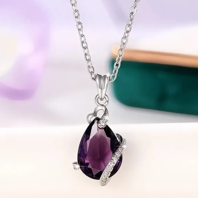 Purple Pear Cubic Zirconia Pendant Necklace for Women Anniversary Gift
