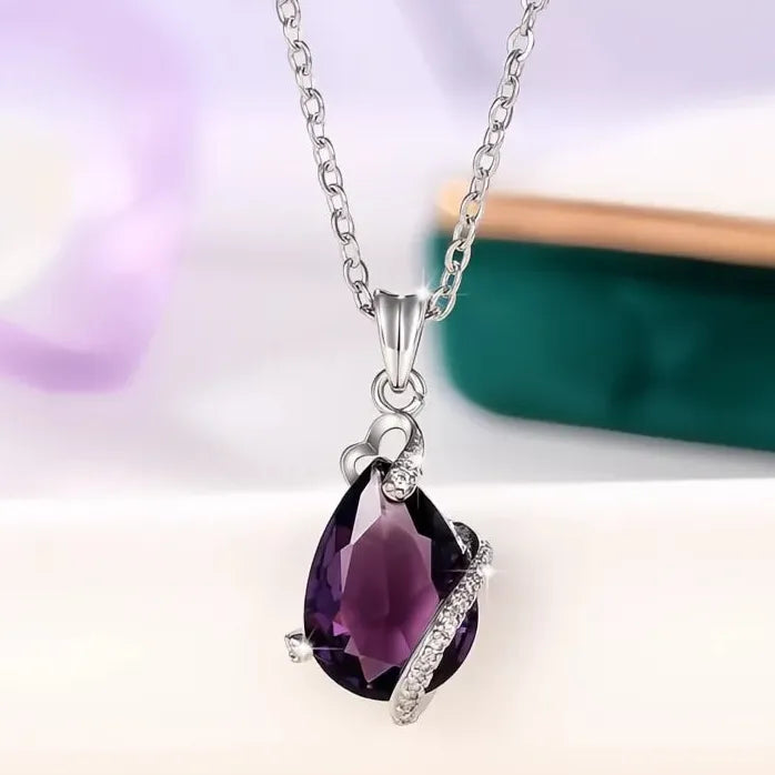 Purple Pear CZ Pendant Necklace for Women Copper Alloy Anniversary Jewelry