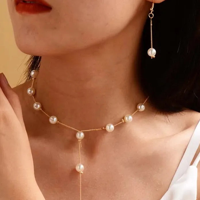 3Pcs Korean Gold Pearl Choker Necklace Earrings Set Fashion Jewelry