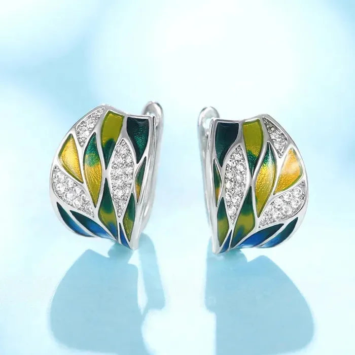 Elegant Leaf Print Drop Earrings with Zircon Silver Bohemian Jewelry for Women