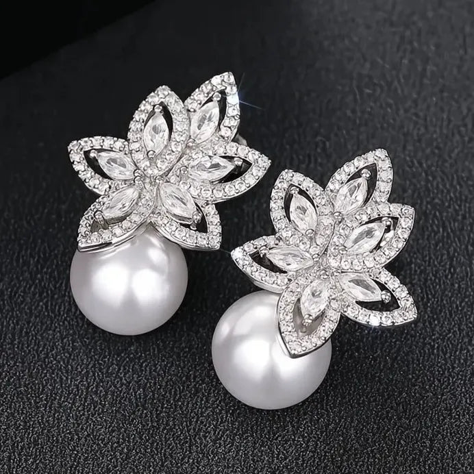 Elegant Pearl & Cubic Zirconia Geometric Flower Drop Earrings for Weddings