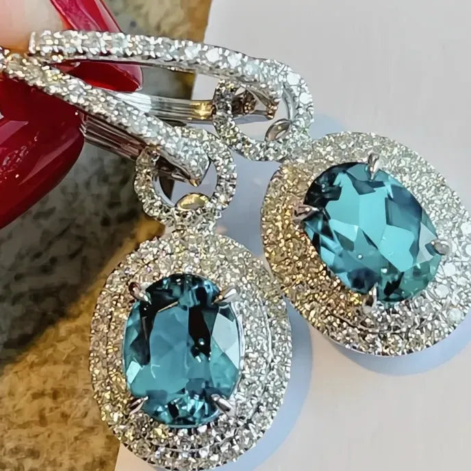 Sky Blue Cubic Zirconia Geometric Silver Color Women Dangle Earrings for Wedding Party Engagement Jewelry