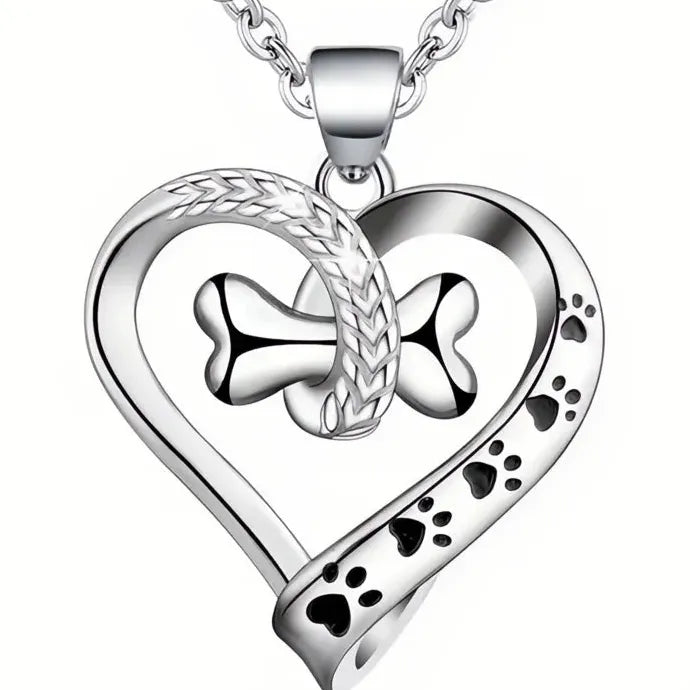 Heart Shaped Pendant Necklace with Dog Bone Footprints Brass Epoxy Gift