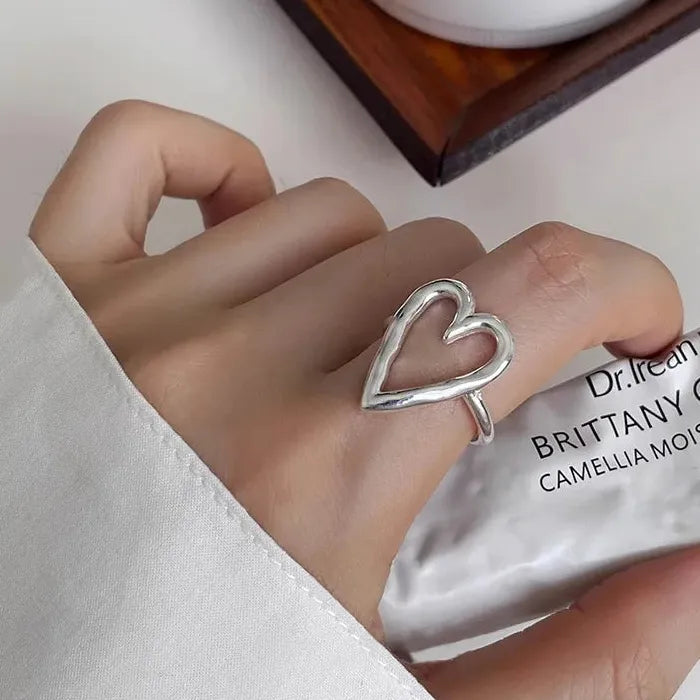 Elegant Silver Heart Ring for Women Girls Korea Fashion Jewelry Romantic Gift