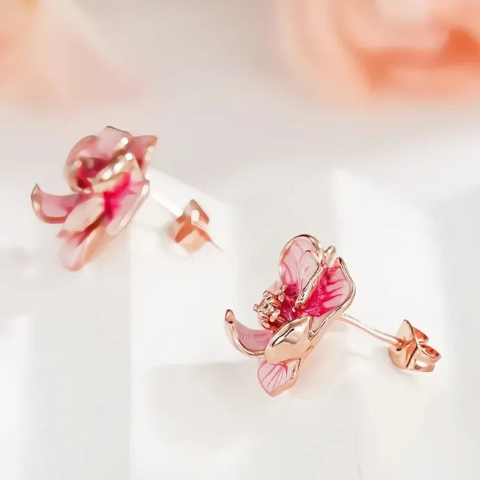 Pink Flower Geometric Copper Alloy CZ Stud Earrings Women Party Wedding Jewelry