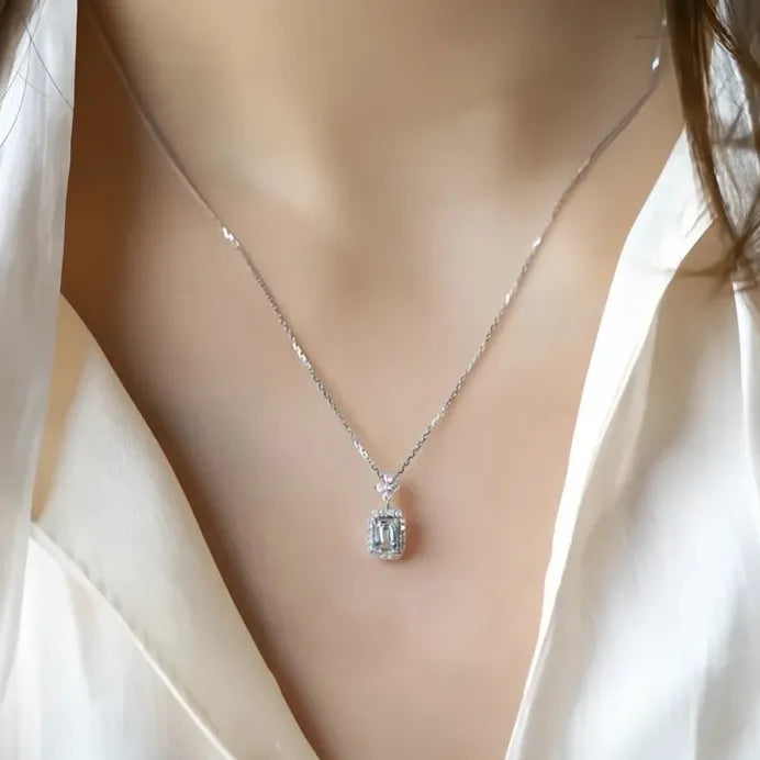 Light Blue Square Cubic Zirconia Pendant Necklace for Women Wedding