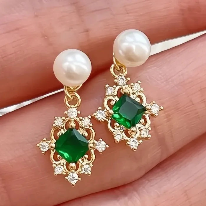 Copper Alloy Green Cubic Zirconia Drop Earrings with Removable Pearl for Women