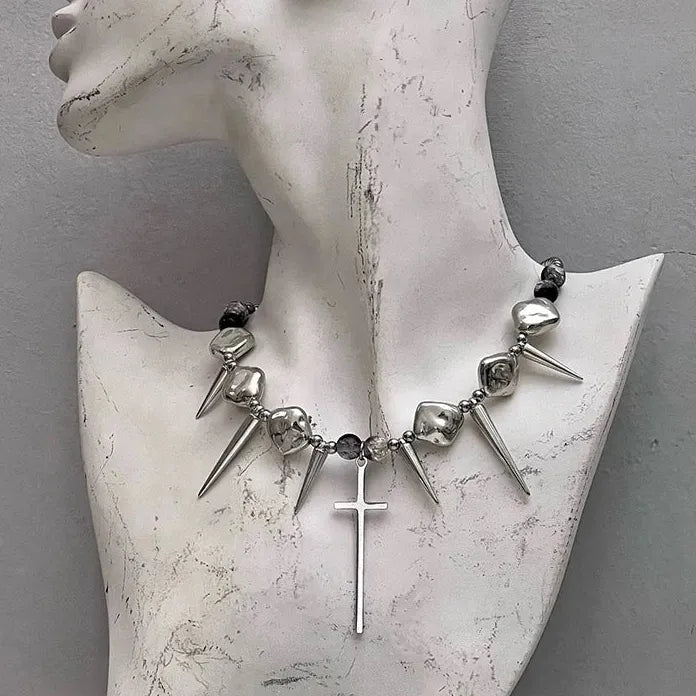 Stainless Steel Retro Y2K Long Spike Rivet Cross Necklace Hip Hop Jewelry