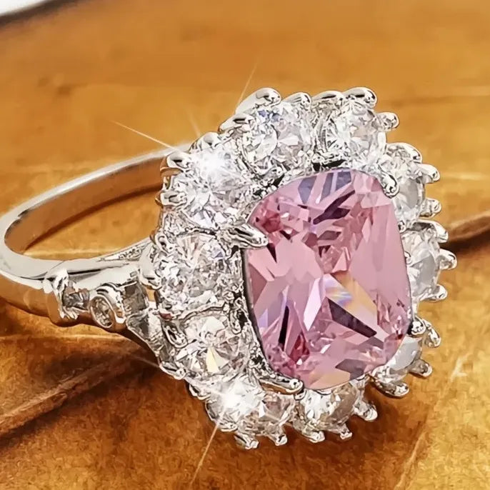 Silver Tone Geometric Cubic Zirconia Wedding Ring for Women Bridal Gift