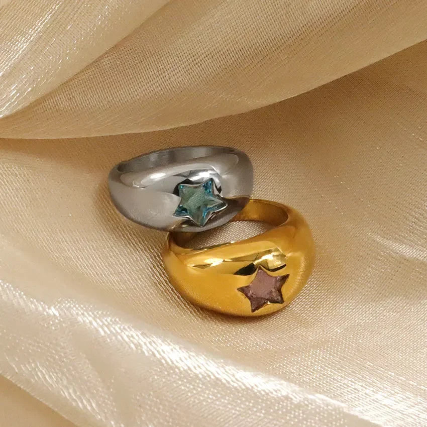 18K Gold PVD Stainless Steel Star Zircon Chunky Ring for Women Blue Pink Crystal