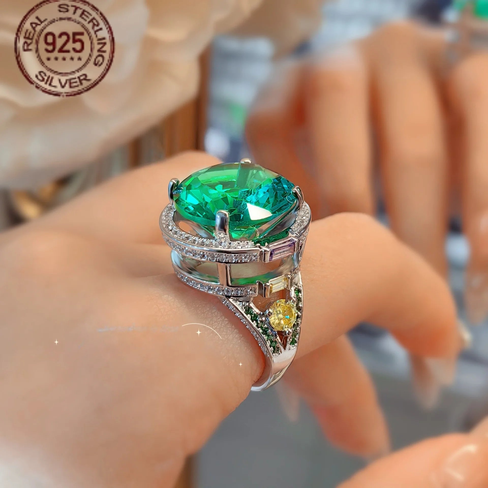 2026 Round Cut Lab Emerald Ring 925 Sterling Silver – Vintage Hollow White Gold Plated