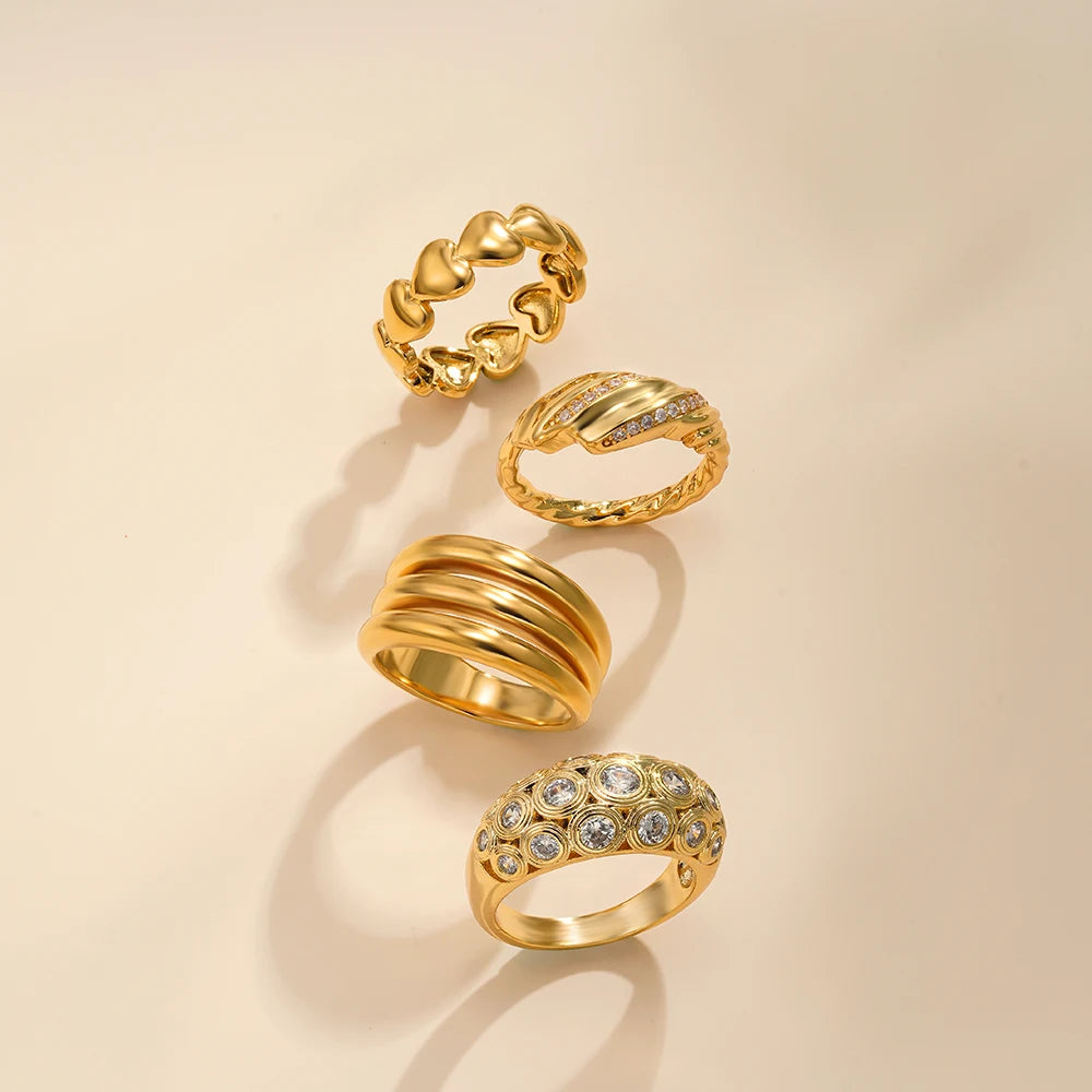 Women’s Stainless Steel Zircon Heart Dome Ring Waterproof Hypoallergenic Jewelry