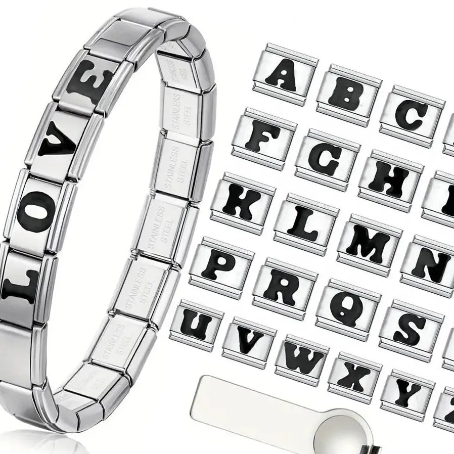Custom Letter Initial Stainless Steel Silver Italy Charm Bracelet Adjustable Waterproof Graduation Gift