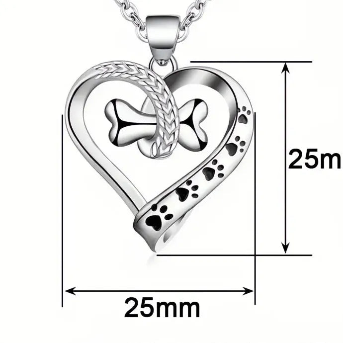Heart Shaped Pendant Necklace with Dog Bone Footprints Brass Epoxy Gift