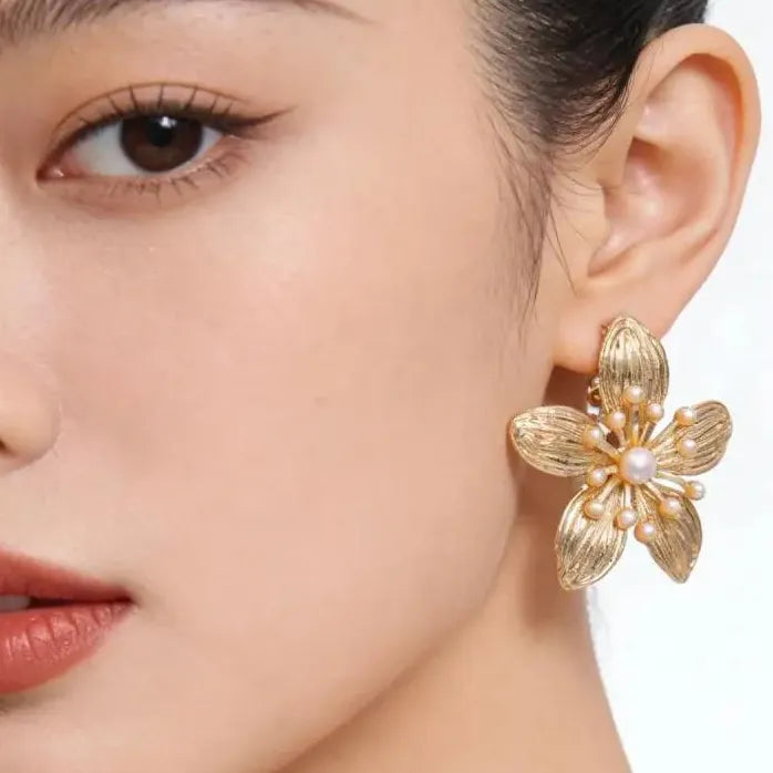 Vintage Texture Large Flower Pearl Drop Earrings for Women Jewelry Gift
