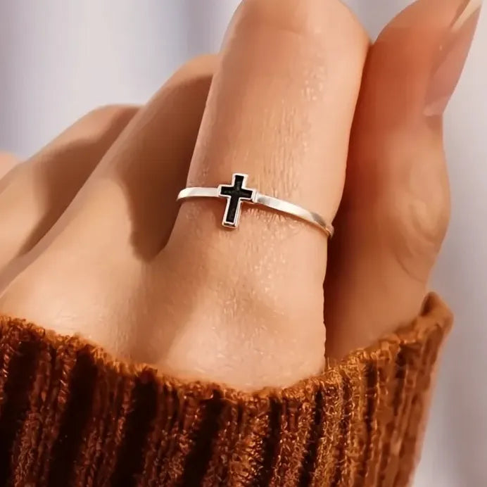 Trendy Women's Cross Ring Brass with Black Epoxy Glaze Finger Jewelry