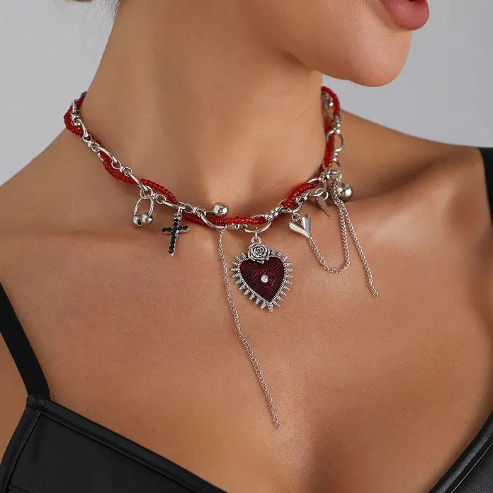 Zinc Alloy Red Beaded Heart Cross Rivet Pendant Necklace Gift