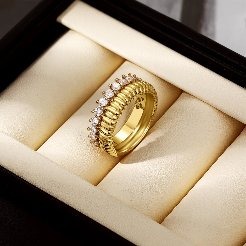 18k Gold Plated Stainless Steel Geometric CZ Zircon Wedding Ring Lightweight