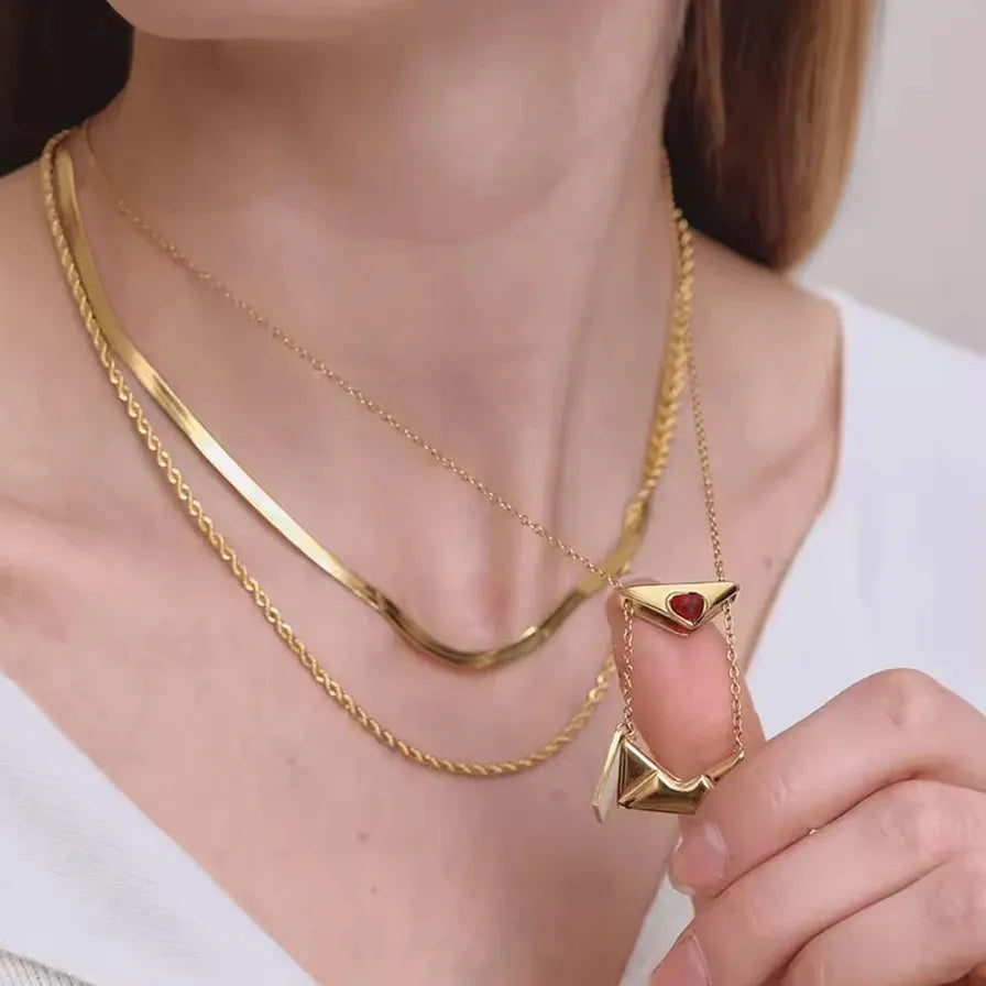 18K Gold Plated Stainless Steel Heart Envelope Pendant Necklace for Women Jewelry