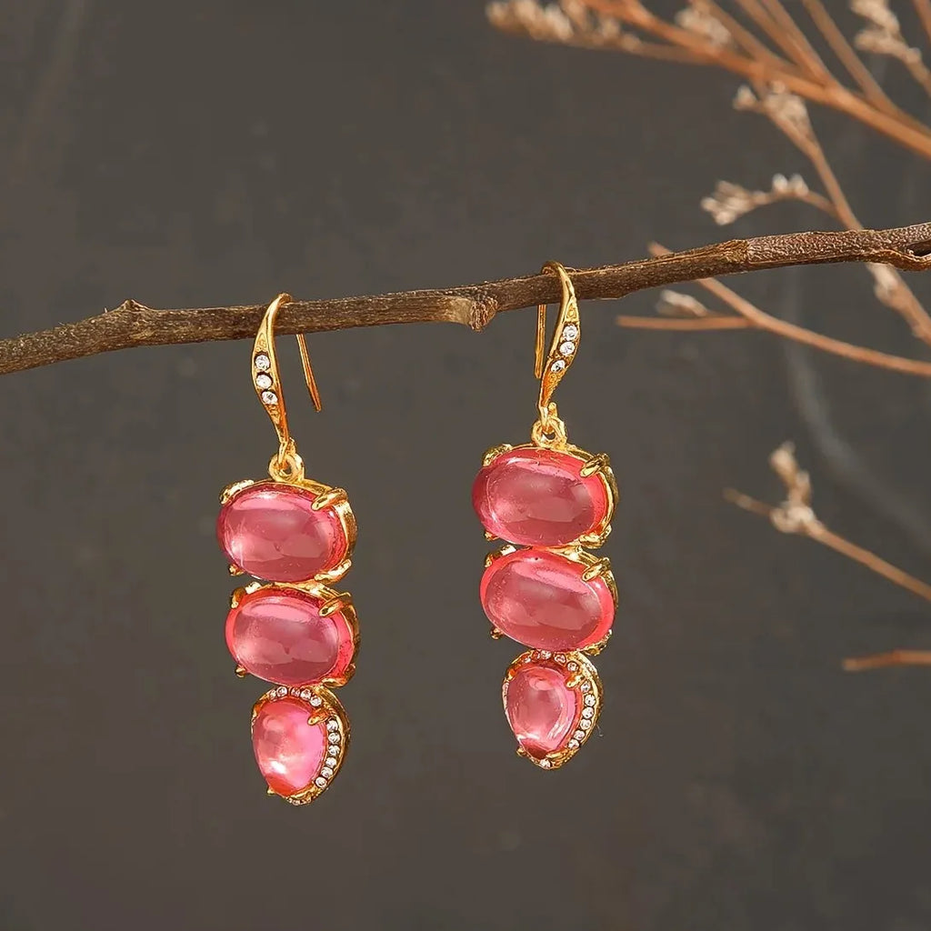 Pink Synthetic Gemstone Water Droplet Heart Earrings Zinc Alloy Christmas Gift