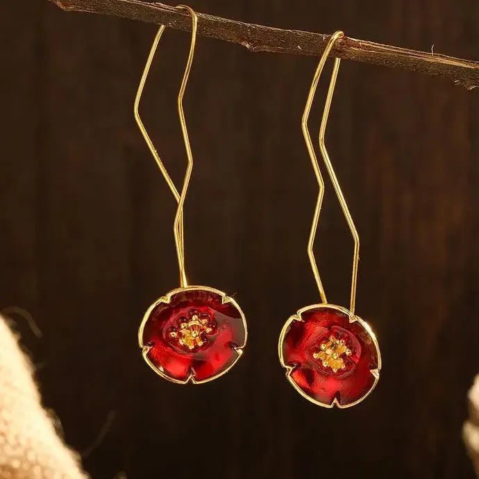 Red Silk Long Hook Drop Earrings with Flower Design Zinc Alloy Jewelry Gifts