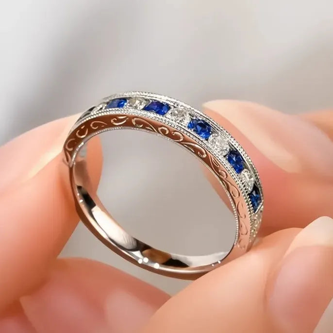 Blue White Cubic Zirconia Brass Eternity Wedding Band Ring for Women