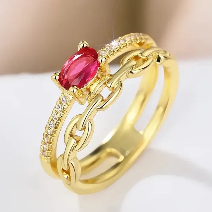 Gold Red Cubic Zirconia Women's Geometric Wedding Party Band Ring